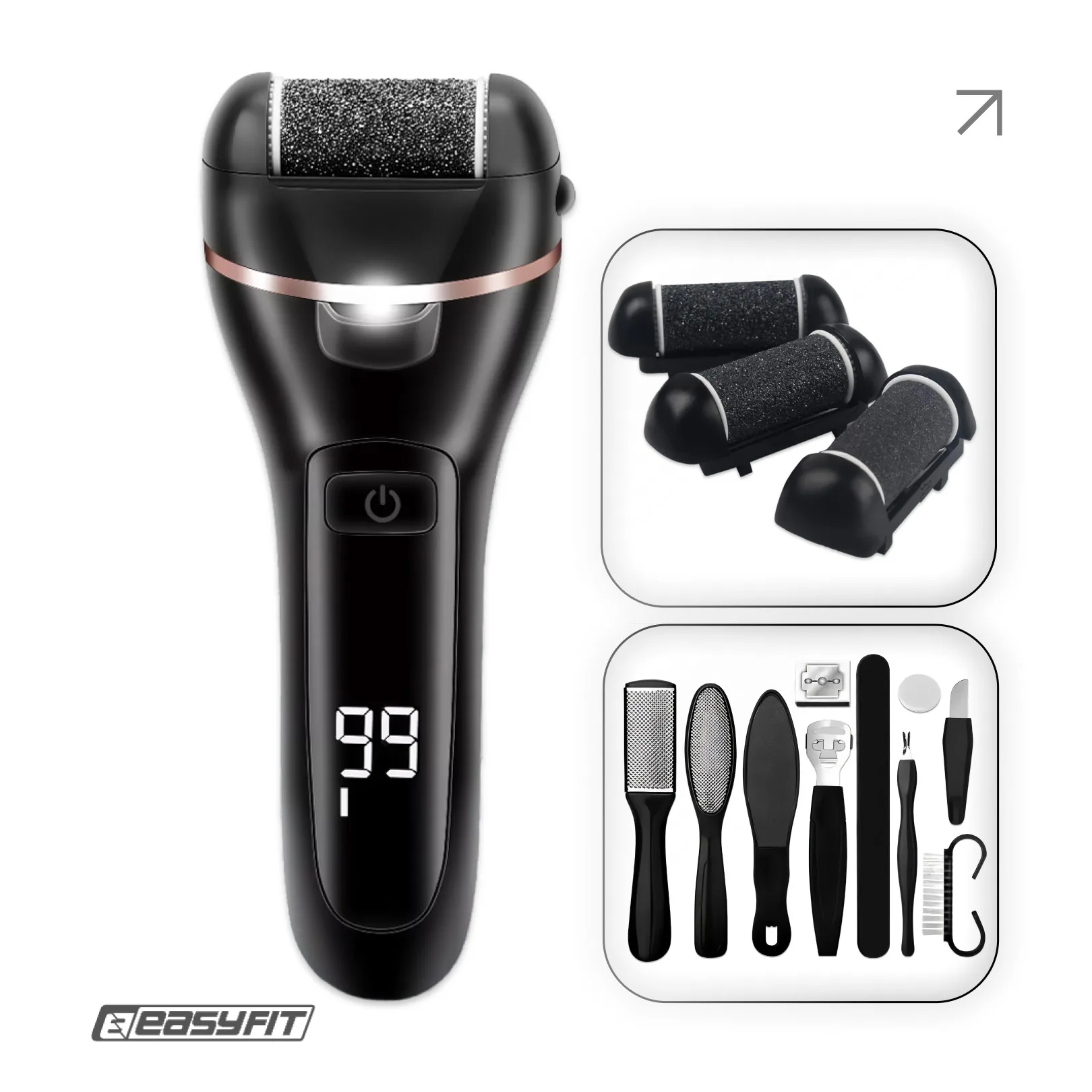 Електрична пемза для п’ят EasyFit з набором 10 предметів, 3 насадки