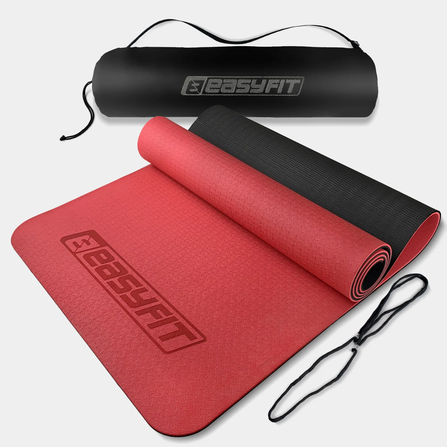 Килимок для йоги та фітнеса EasyFit TPE+TC 6 мм двошаровий + чохол червоний з чорним