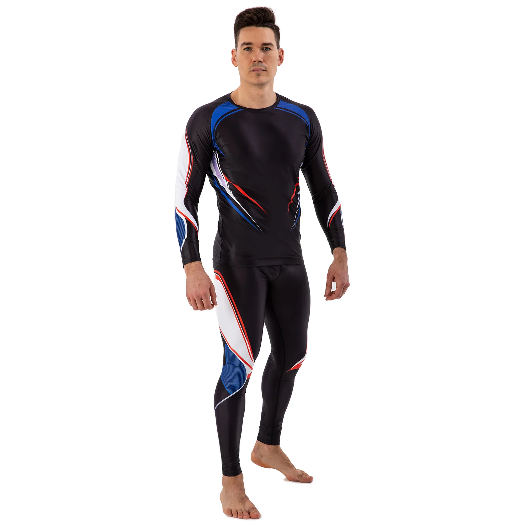 Компрессионный костюм мужской рашгард лонгслив и штаны Domino чёрный-белый-красный-синий TC210-KC210-6 - XXL