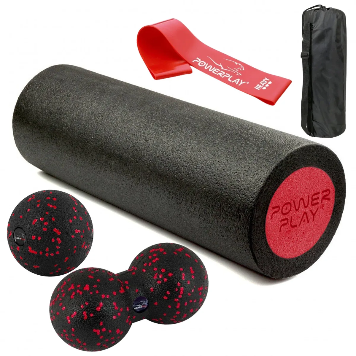 Набір для масажу та йоги PowerPlay PP_4095 EPP (ролик 45*15 + 2-ва мячі) Red + резинка 11 кг.