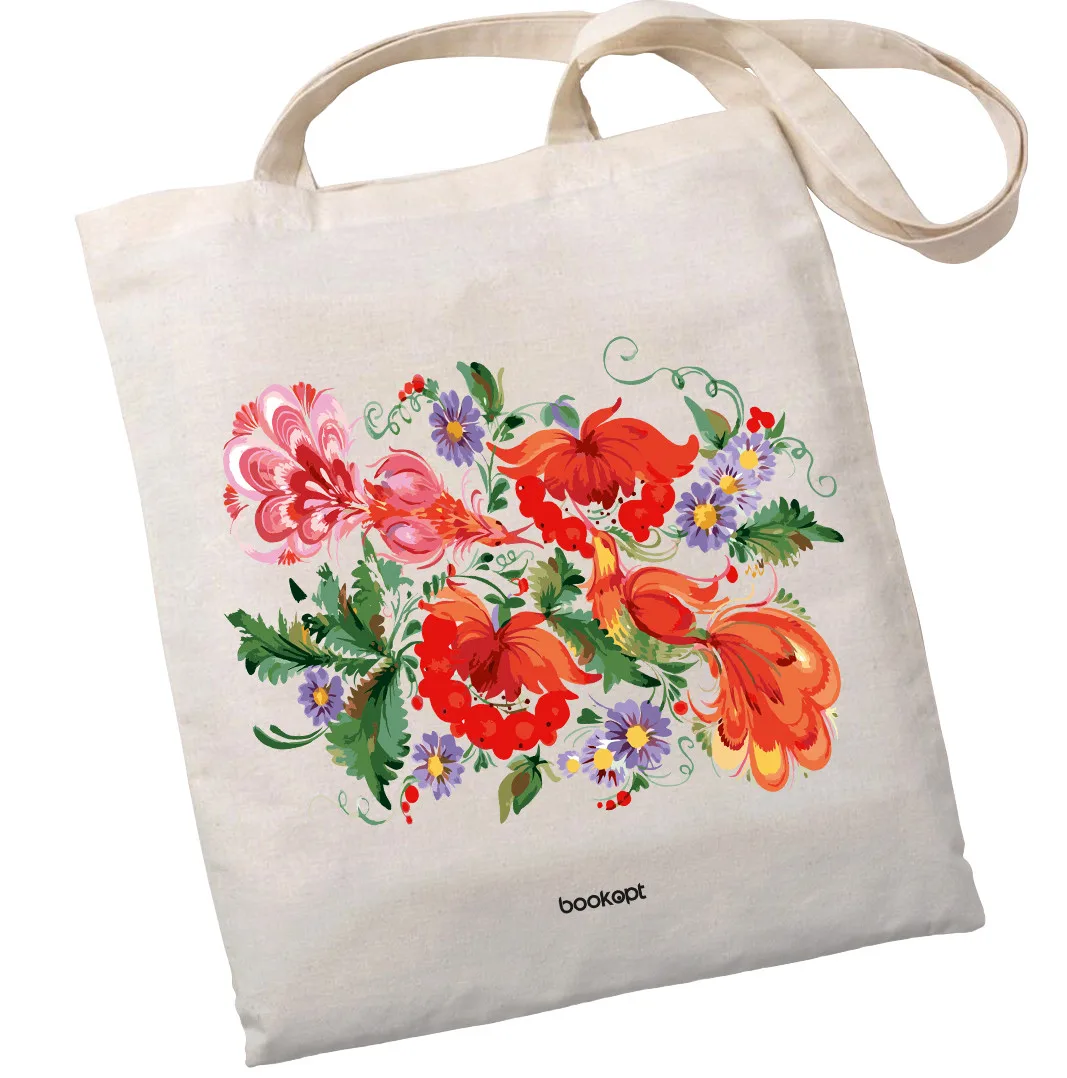 Екошопер BookOpt BK4002 петриківський розпис червоні квіти бежевий