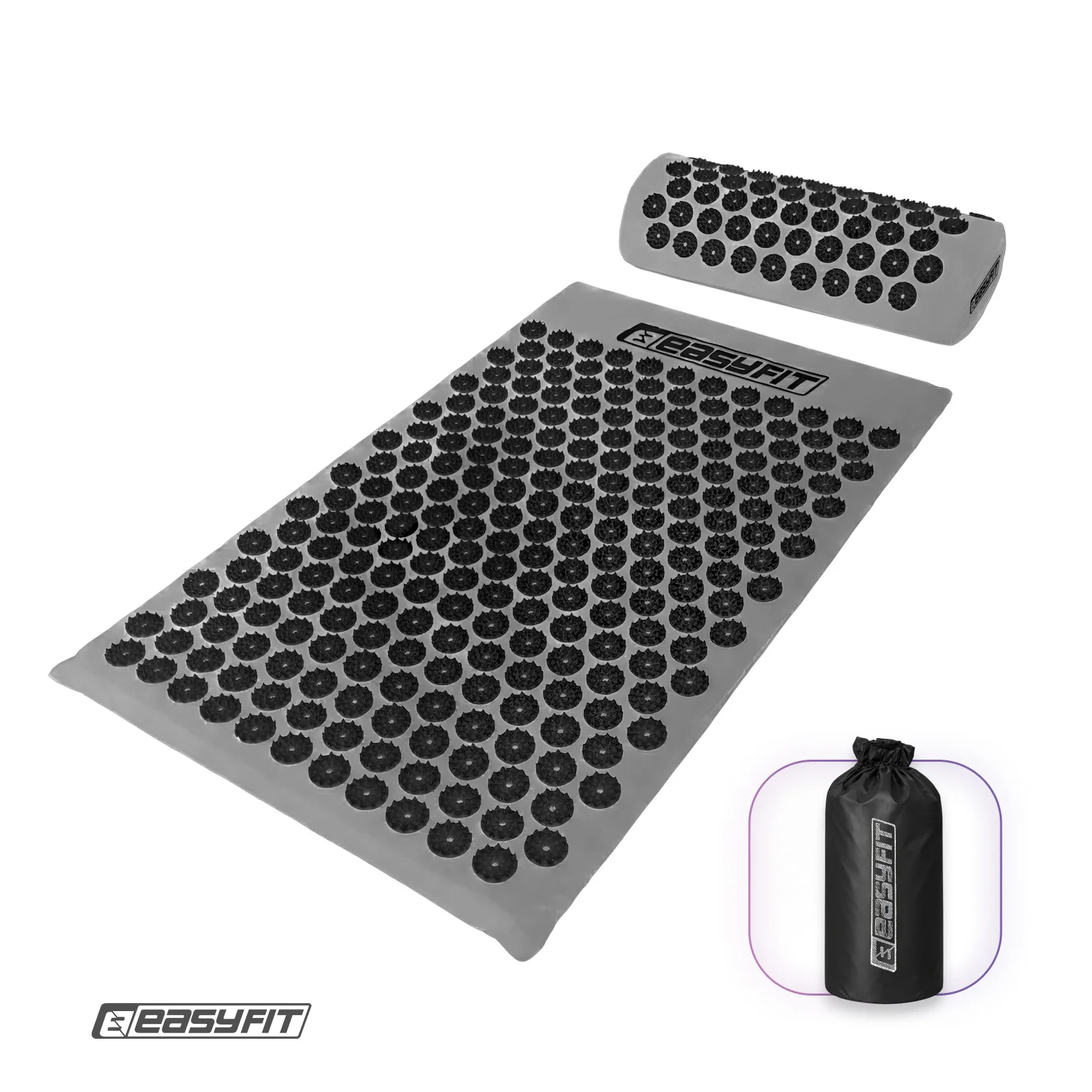Масажний килимок EasyFit з подушкою (аплікатор Кузнєцова) + чохол Сірий з чорним