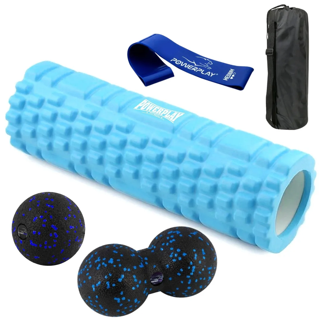 Набір для масажу та йоги PowerPlay PP_4097 (ролик 30*10 + 2-ва мячі) Blue + резинка 7,5 кг.