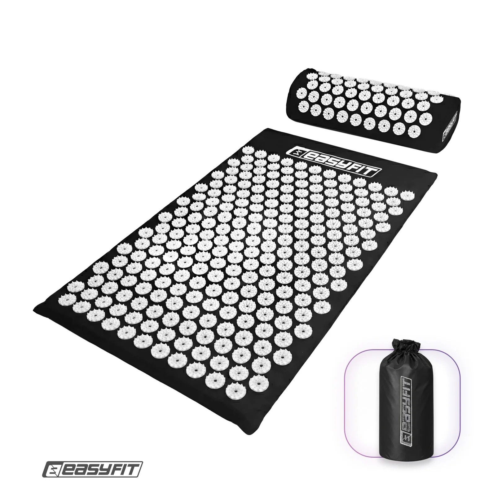 Масажний килимок EasyFit з подушкою (аплікатор кузнєцова) + чохол чорний з білим