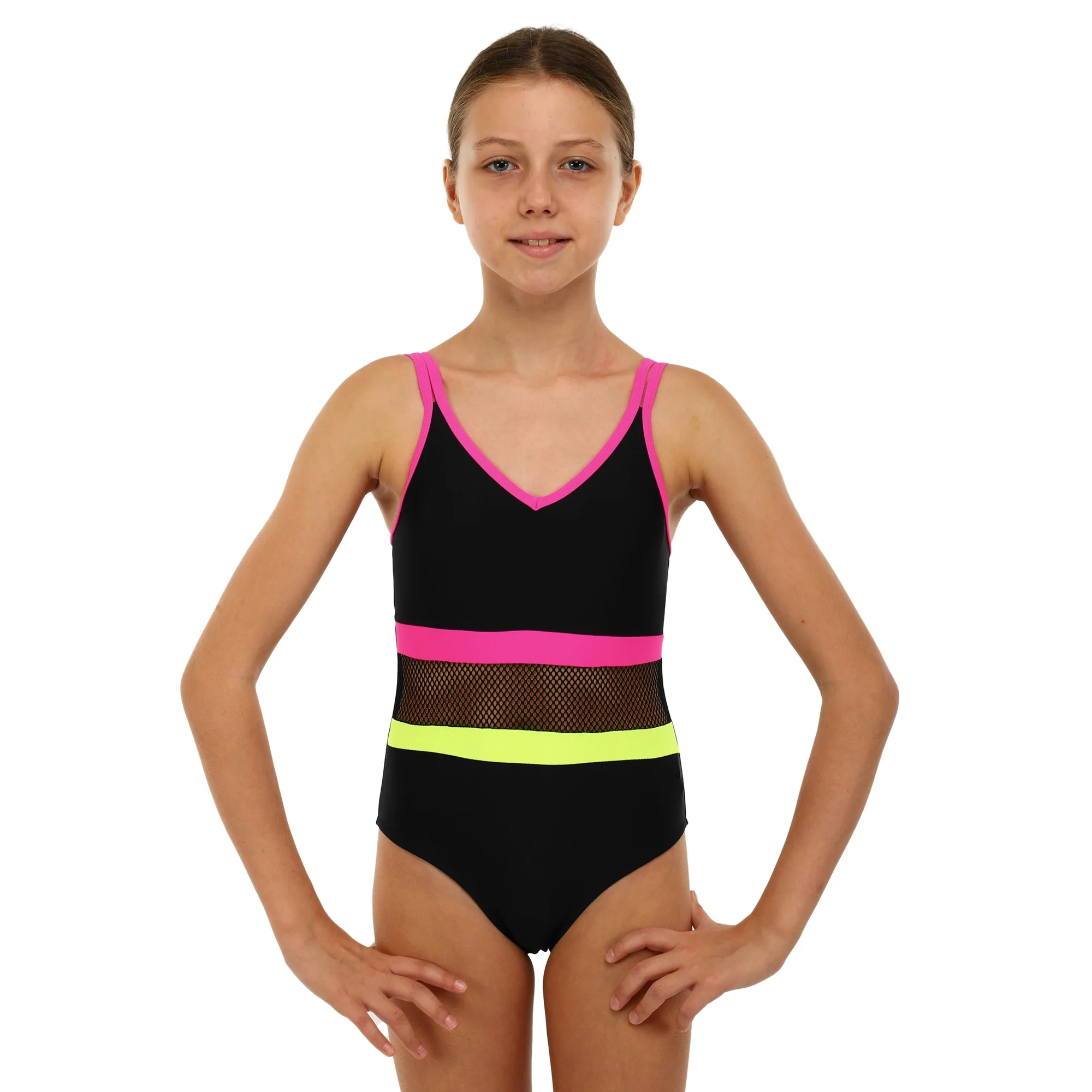 One-piece children's swimming suit 8-12 years black-pink-yellow 8