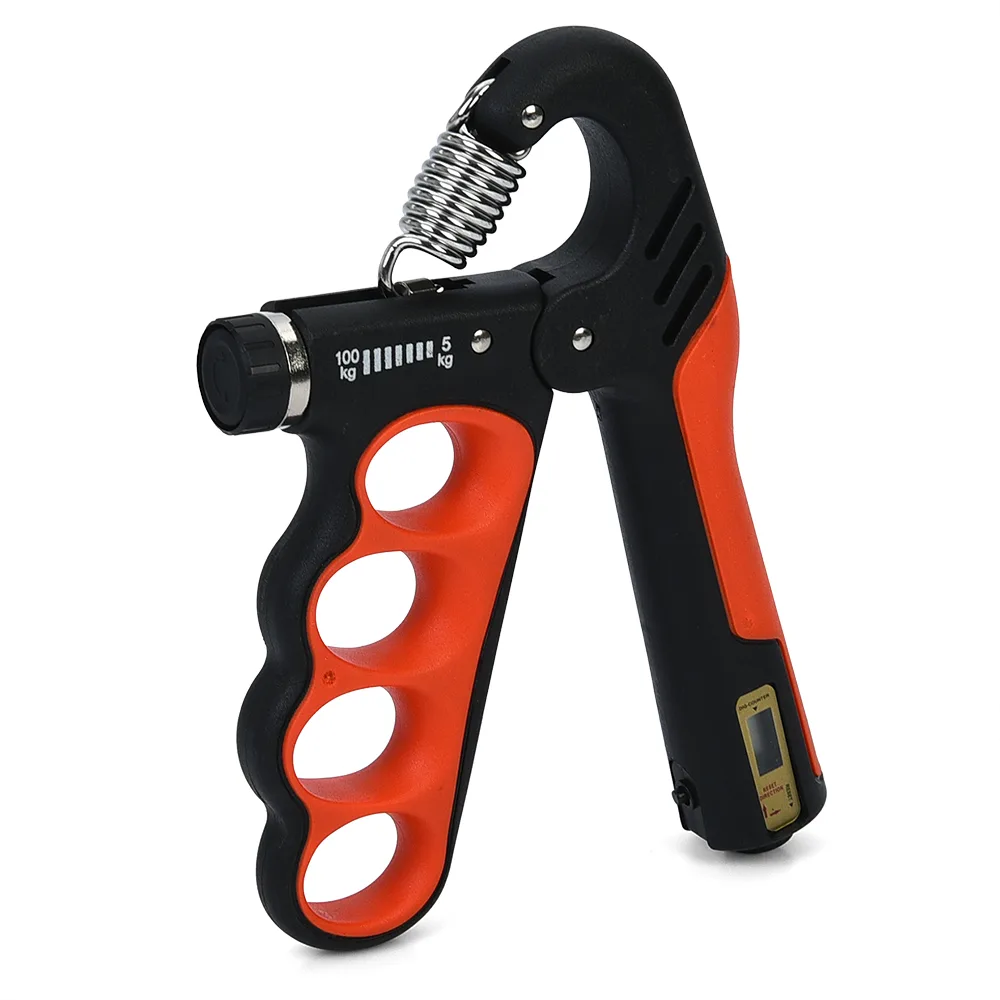 Еспандер кистьовий пружинний з електронним лічильником та регульованим навантаженням 5-100 кг чорний-поманранчевий