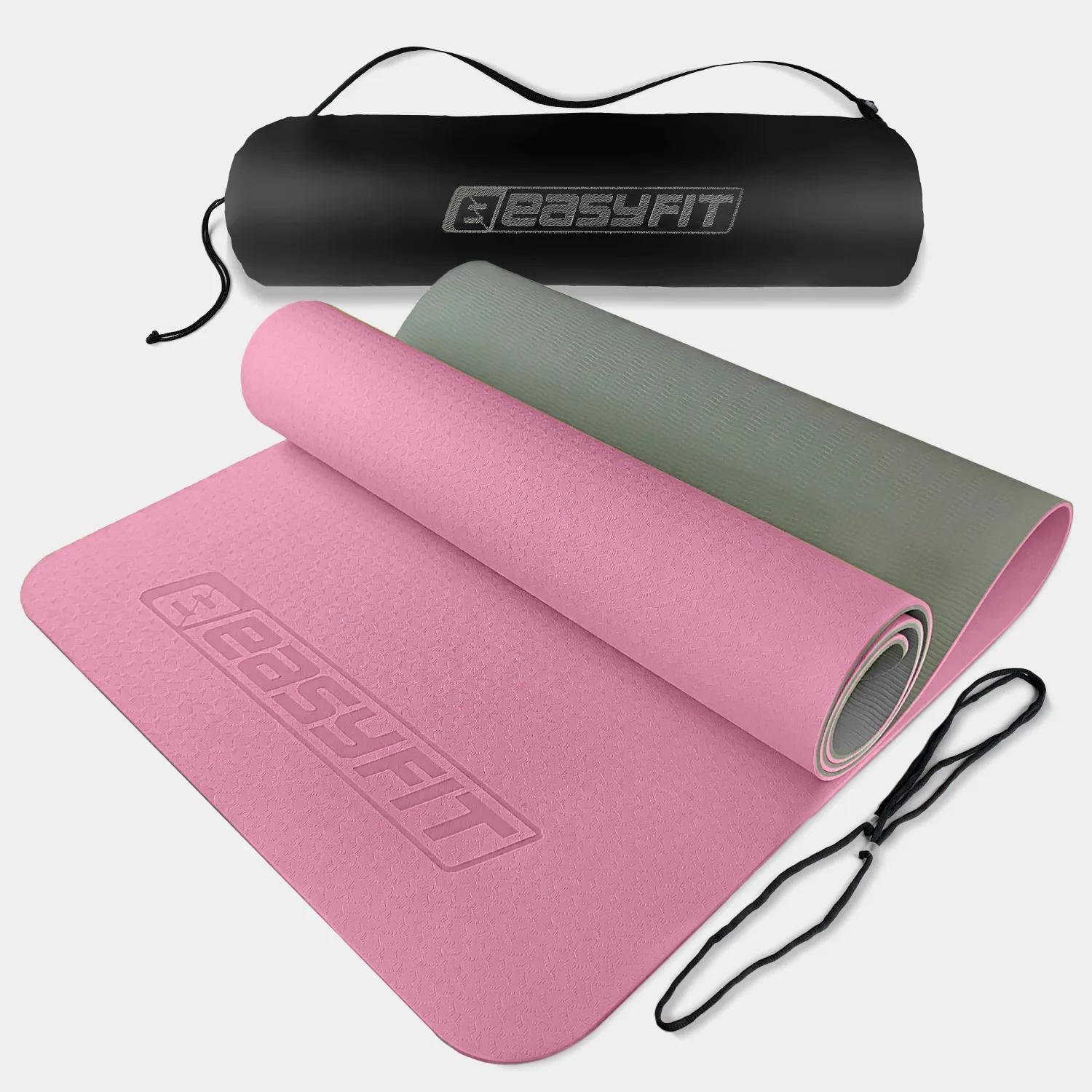 Килимок для йоги та фітнесу EasyFit TPE+TC 6 мм двошаровий рожево-сірий + чохол сірий із чорним