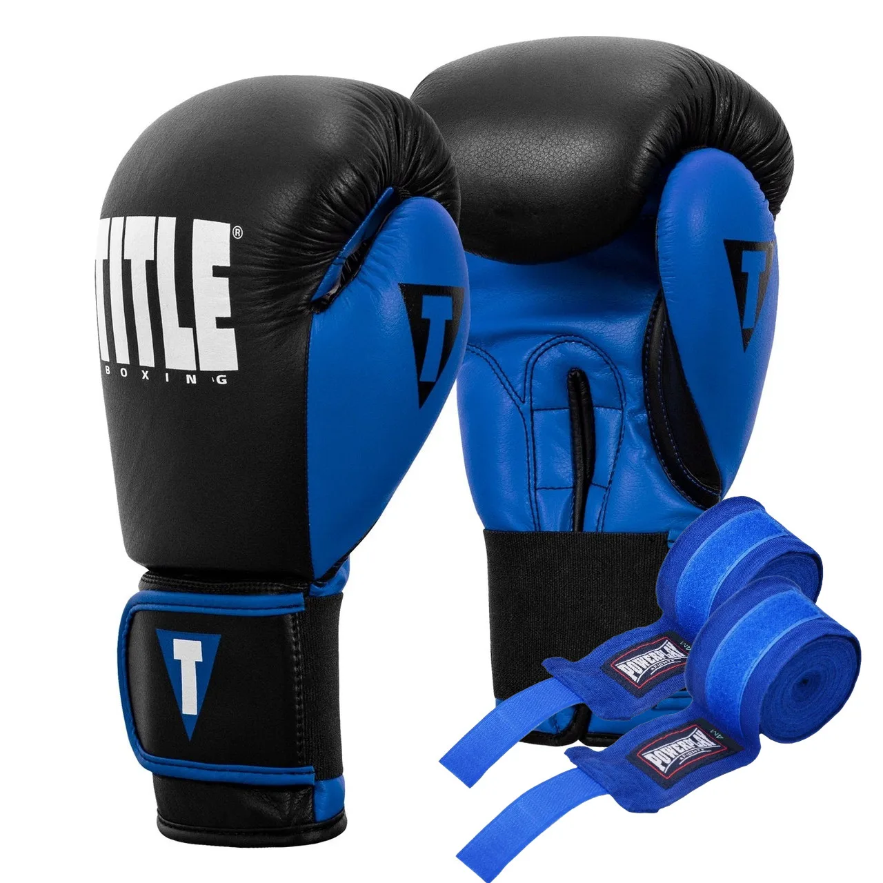 Боксерські рукавиці TITLE Boxing Dynamic Strike Black/Blue 14 унцій (бинти 4 м. у комплекті)