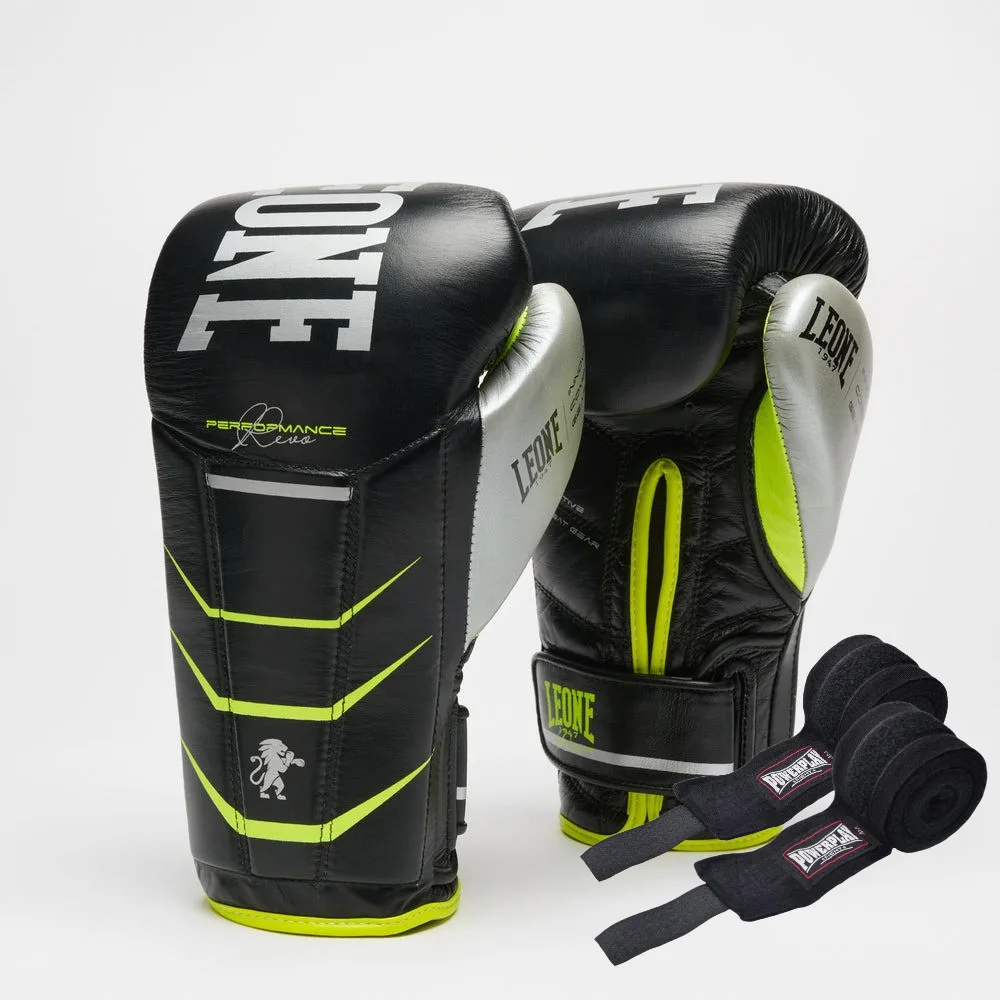 Боксёрские перчатки Leone GN110F REVO FLUO Black 14 унций (бинты 4 м. в комплекте)