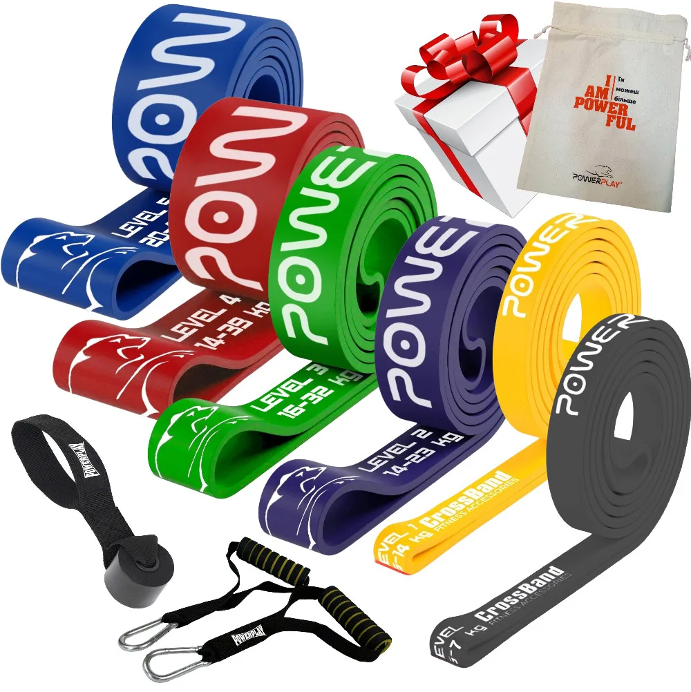 Еспандер-петля (гумові петлі) PowerPlay PP_0028 набір 6шт. опір 2-45кг. (сумарно 160кг.) + ручки та якір