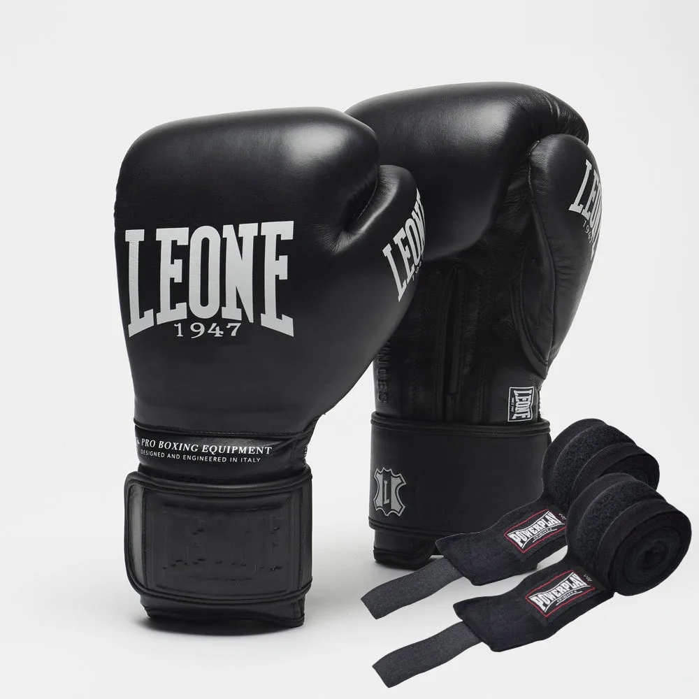 Боксерські рукавиці Leone GN111 THE GREATEST Black 10 унцій (бинти 4 м. в комплекті)