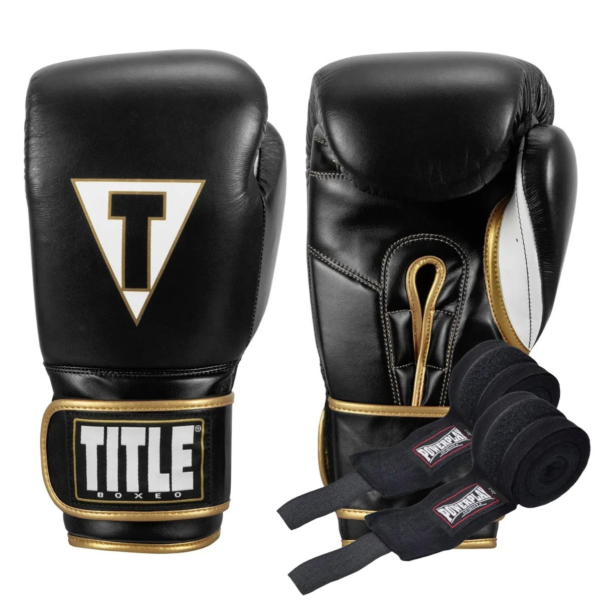 Боксерські рукавиці TITLE Boxeo Mexican Leather Quatro Black/White 12 унцій (бинти 4 м. в комплекті)