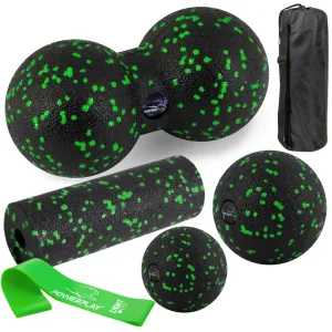 Набір для масажу та йоги PowerPlay PP_4093 EPP (3 м'ячики + валик масажер 15*5,3 см.) Green + резинка 5,5 кг.