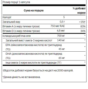 Cod Liver Oil (Double strength) 700 мг - 250 софтгель per bottle