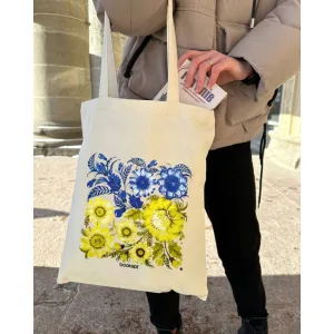 Ecobag BookOpt BK4004 Petrykivka Painting Blue Yellow Flowers Beige