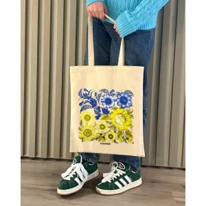 Ecobag BookOpt BK4004 Petrykivka Painting Blue Yellow Flowers Beige