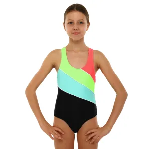 Купальник для плавання злитий дитячий 6-12років чорно-бірюзово-салатово-оранжевий 6