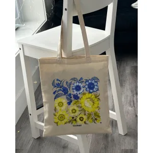 Ecobag BookOpt BK4004 Petrykivka Painting Blue Yellow Flowers Beige