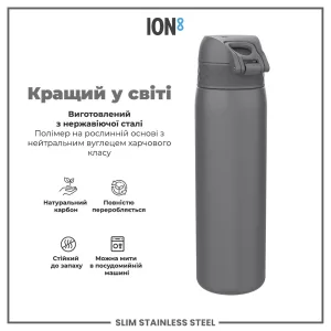 Пляшка для води металева ION8 600 мл. Stainless Steel , Grey