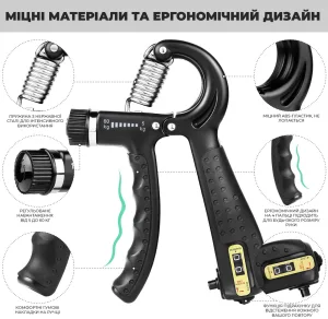 Еспандер кистьовий з лічильником PowerPlay PP-4402 з регульованим навантаженням 10-60 кг. Чорний