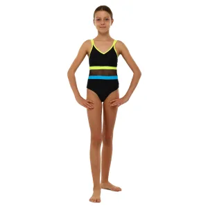 One-piece swimming suit for children 8-12 years black-blue-yellow 10