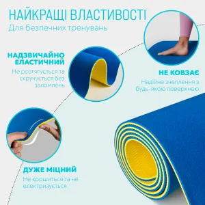 Килимок для йоги та фітнесу EasyFit TPE+TC 6 мм двошаровий синій-жовтий