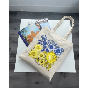 Ecobag BookOpt BK4004 Petrykivka Painting Blue Yellow Flowers Beige