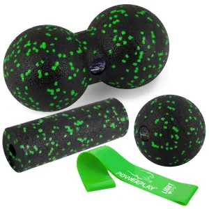 Набір для масажу та йоги PowerPlay PP_4091 EPP (2 м'ячики + валик масажер 15*5,3 см.) Green + резинка 5,5 кг.