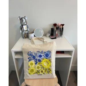 Ecobag BookOpt BK4004 Petrykivka Painting Blue Yellow Flowers Beige
