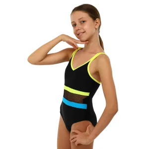 One-piece swimming suit for children 8-12 years black-blue-yellow 10