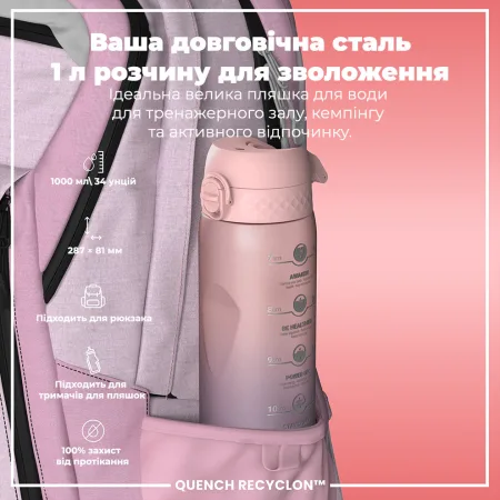 ION8 Water Bottle 1000 ml. BPA Free, Times to Drink, (ECO Bottle) BPA Free, Periwinkle & Rose