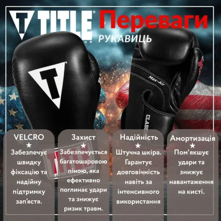 Боксерські рукавиці TITLE Classic Black Max Black 14 унцій (бинти 4 м. в комплекті)