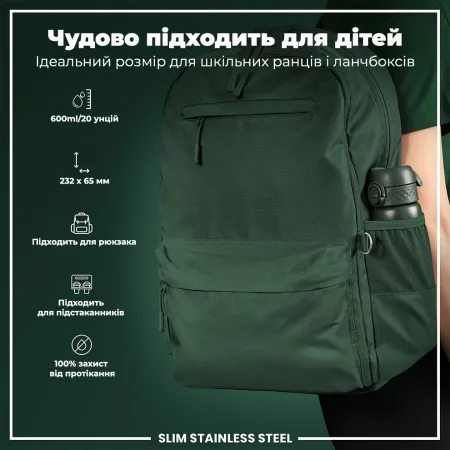 Пляшка для води металева ION8 600 мл. Stainless Steel , Dark Green