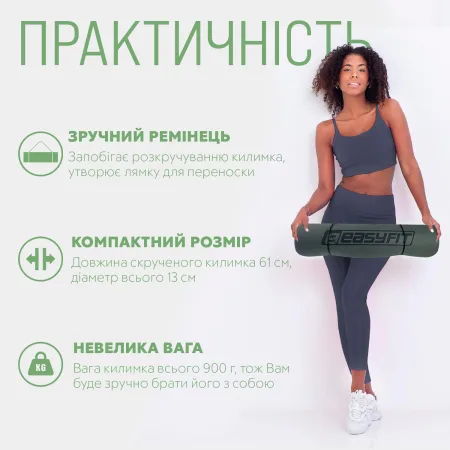 Килимок для йоги та фітнесу EasyFit TPE+TC 6 мм двошаровий чорно зелений