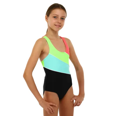 Купальник для плавання злитий дитячий 6-12років чорно-бірюзово-салатово-оранжевий 10
