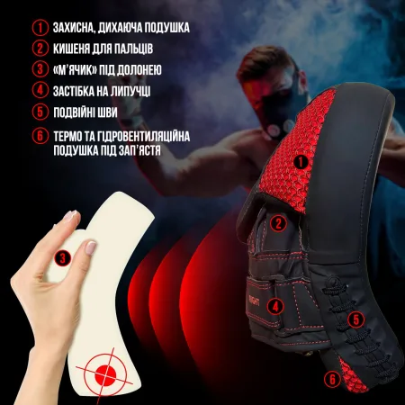 Лапи боксерські PowerPlay 3044 Pro Carbon Ultra Series чорно-червоні PU [пара]