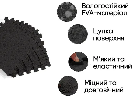 Татамі мат EasyFit 8 шт (30х30х1 см) хвіст ластівки чорний