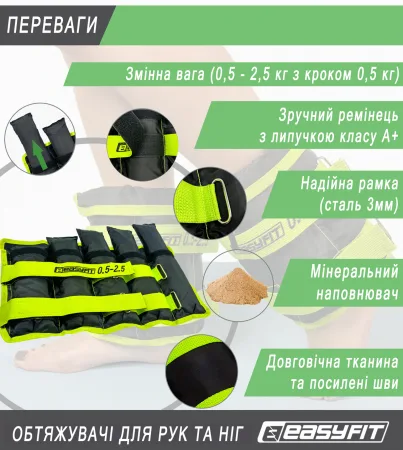 Утяжелители для ног и рук EasyFit набирные черно зеленые 0,5 - 2,5 кг пара