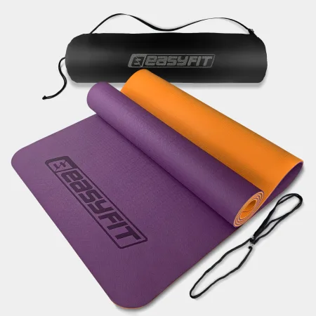Коврик для йоги и фитнеса EasyFit TPE+TC 6 мм двухслойный + чехол фиолетовый с оранжевым