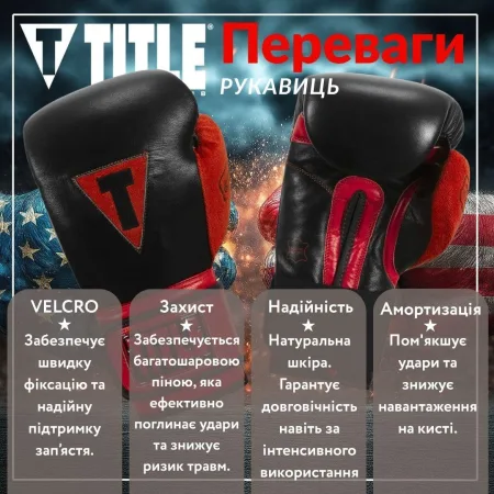 Рукавички боксерські рукавиці TITLE Boxing All Heart Bag 2,0 Black/Red 14 унцій (бинти 4 м. в комплекті)