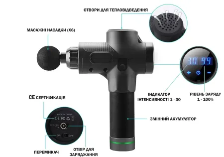 Массажный пистолет EasyFit Percussio (портативный перкуссионный вибромассажер для тела с 6 насадками)
