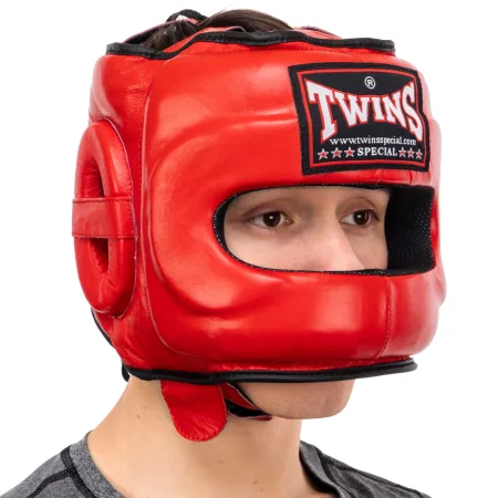 Шолом боксерський з бампером шкіряний TWINS STEEL FRAME Червоний L