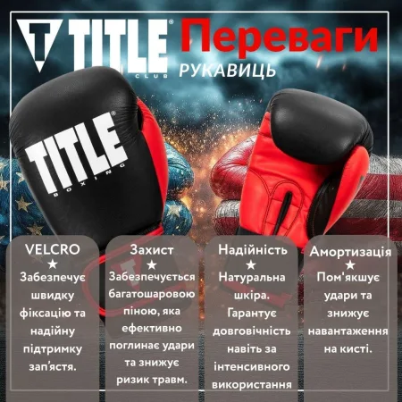Боксерські рукавиці TITLE Boxing Dynamic Strike Black/Red 12 унцій (бинти 4 м. в комплекті)