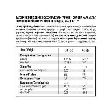 Space Bite Nut Bar - 10x40 г арахіс і солена карамель