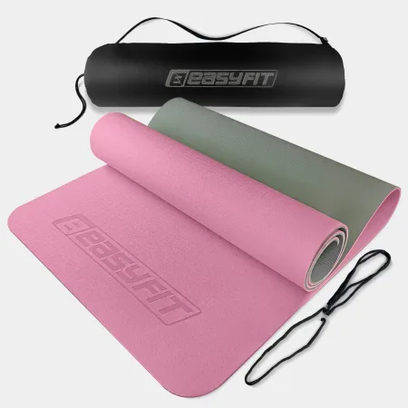 Килимок для йоги та фітнесу EasyFit TPE+TC 6 мм двошаровий рожево-сірий + чохол сірий із чорним