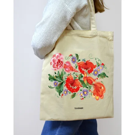 Екошопер BookOpt BK4002 петриківський розпис червоні квіти бежевий