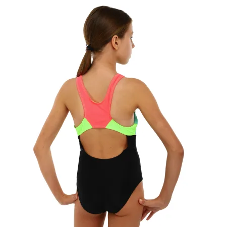 Купальник для плавання злитий дитячий 6-12років чорно-бірюзово-салатово-оранжевий 10