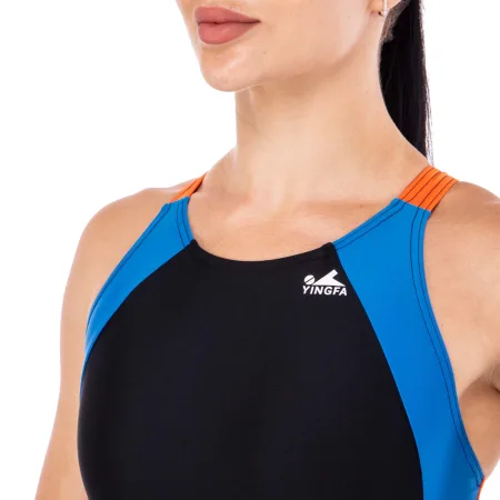 Купальник для плавання YINGFA злитий жіночий Чорно-оранжево-синій XXL