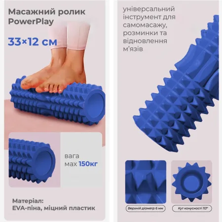 Масажний ролик (роллер) PowerPlay 4405 EVA Massage Roller синій 33x12 см