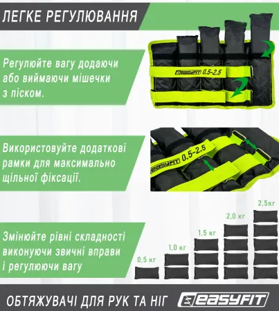 Утяжелители для ног и рук EasyFit набирные черно зеленые 0,5 - 2,5 кг пара
